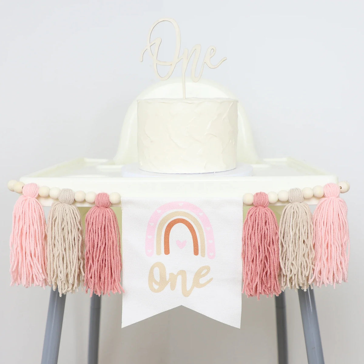 Rainbow 1st Birthday High Chair Banner, Textile Bead and Tassel Garland, Modern Party Decoration in Pink - product view 6