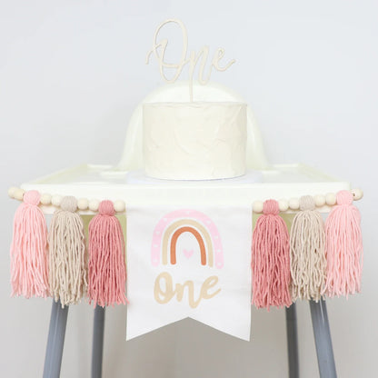Rainbow 1st Birthday High Chair Banner, Textile Bead and Tassel Garland, Modern Party Decoration in Pink - product view 6