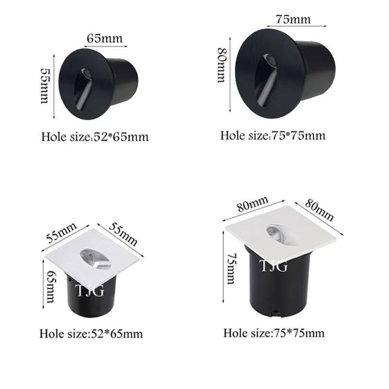 Recessed LED Step Light, 1W or 3W, 55mm or 80mm Round and Square Options, AC85-265V or DC12V - product view 2
