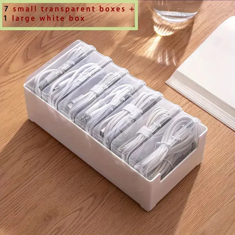 Cable Organizer Storage Box, 7 Clear Mini Boxes with Hinged Lids and Large Base Tray for Desk, Jewelry and Office Supplies - product view 1