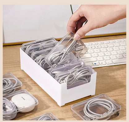 Cable Organizer Storage Box, 7 Clear Mini Boxes with Hinged Lids and Large Base Tray for Desk, Jewelry and Office Supplies - product view 2