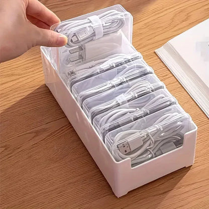 Cable Organizer Storage Box, 7 Clear Mini Boxes with Hinged Lids and Large Base Tray for Desk, Jewelry and Office Supplies - product view 5