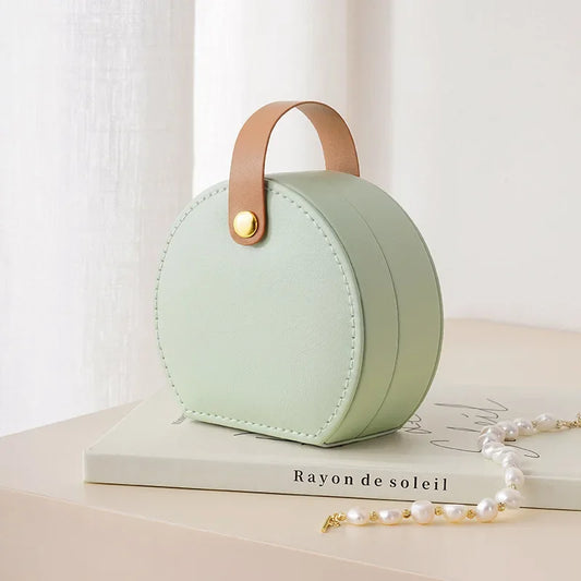 Travel Jewelry Organizer Case, Compact Leather Earring, Necklace and Ring Storage Box in Green, White or Pink - product view 1