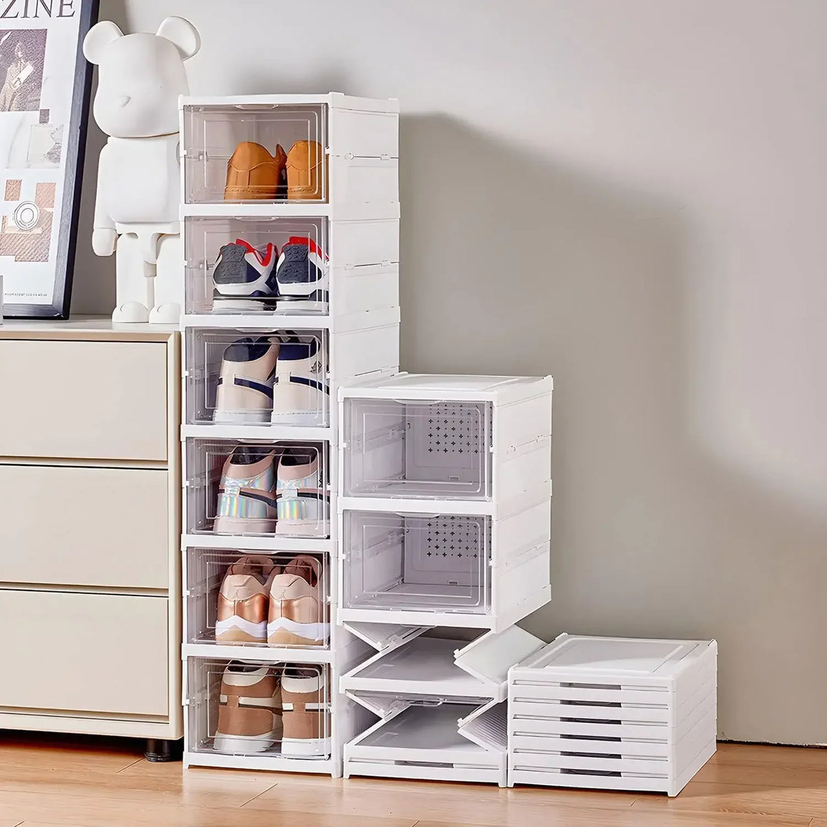 Stackable Shoe Storage Box, Foldable Transparent Plastic Organizer with Dustproof Door, 3 or 6 Layers - product view 4