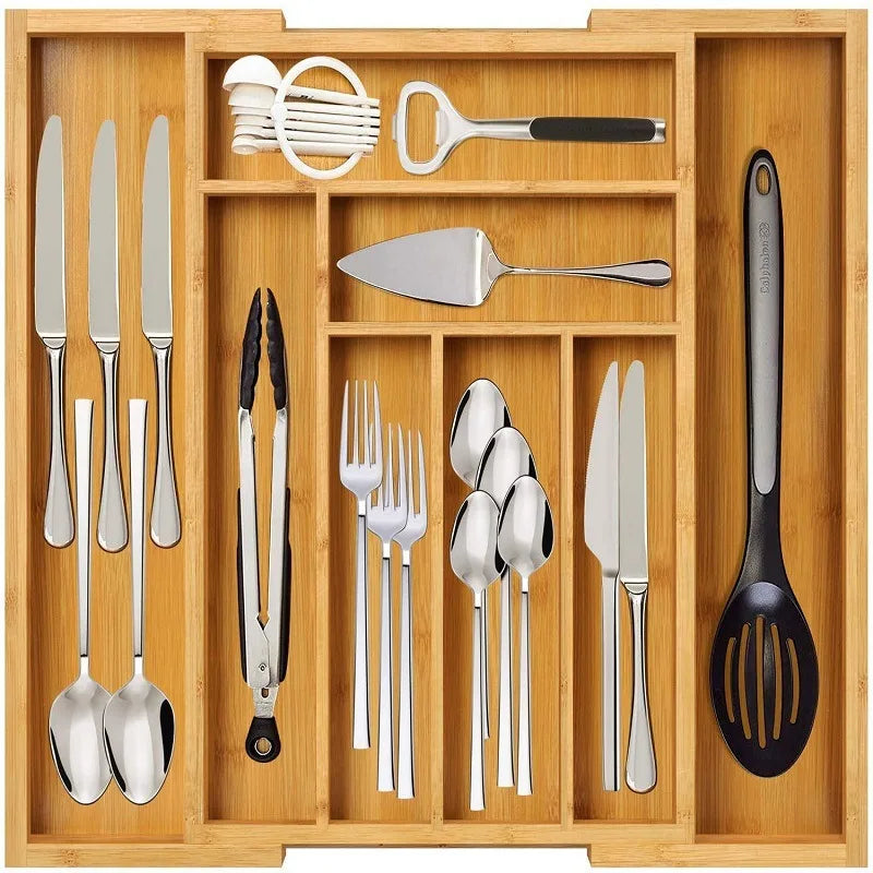 Expandable Bamboo Drawer Organizer, Adjustable 6–8 Compartment Cutlery Tray, 13–19.6 in Width for Spoons, Knives, Chopsticks and Small Items - product view 5