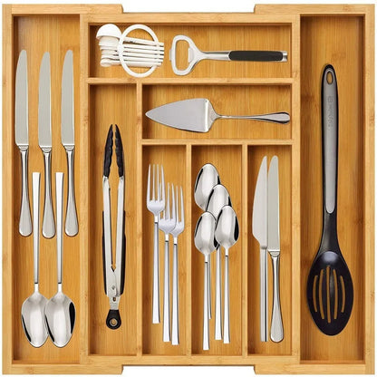 Expandable Bamboo Drawer Organizer, Adjustable 6–8 Compartment Cutlery Tray, 13–19.6 in Width for Spoons, Knives, Chopsticks and Small Items - product view 5