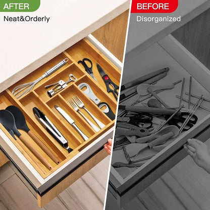 Expandable Bamboo Drawer Organizer, Adjustable 6–8 Compartment Cutlery Tray, 13–19.6 in Width for Spoons, Knives, Chopsticks and Small Items - product view 6