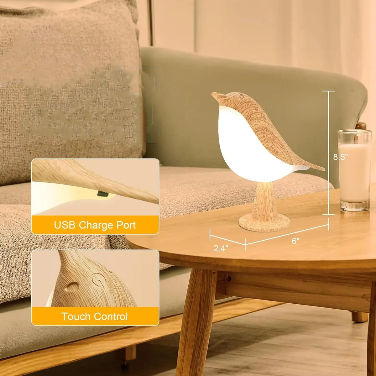 Rechargeable LED Bird Table Lamp, Touch-Control Night Light with ABS Body, 5V Power and Included Bulb for Holiday Décor - product view 4