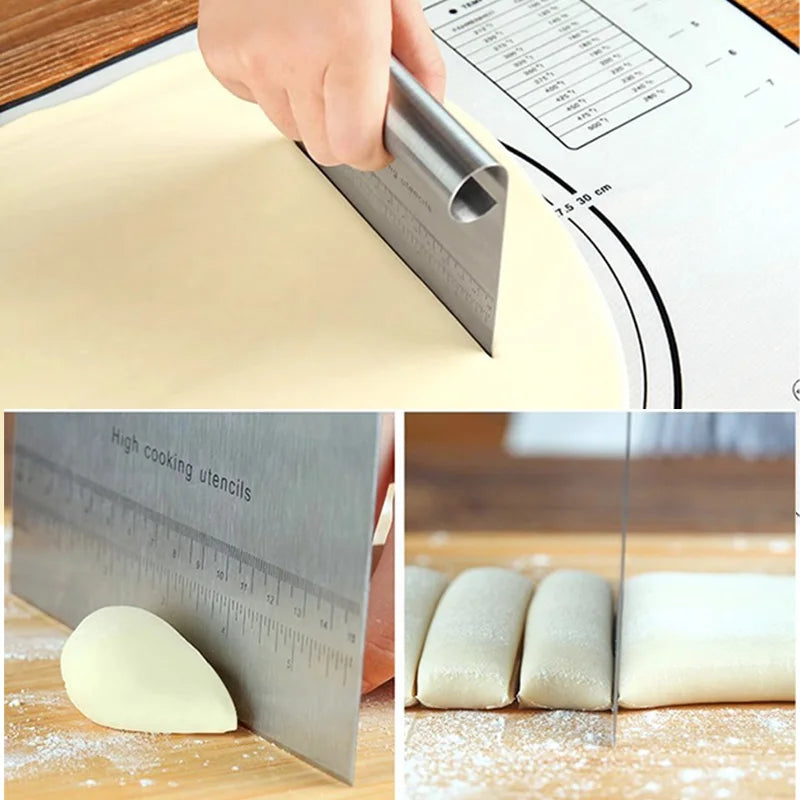 Stainless Dough Scraper with Measuring Scale, Pizza Cutter, Bread Separator and Pastry Chopper for Baking - product view 3