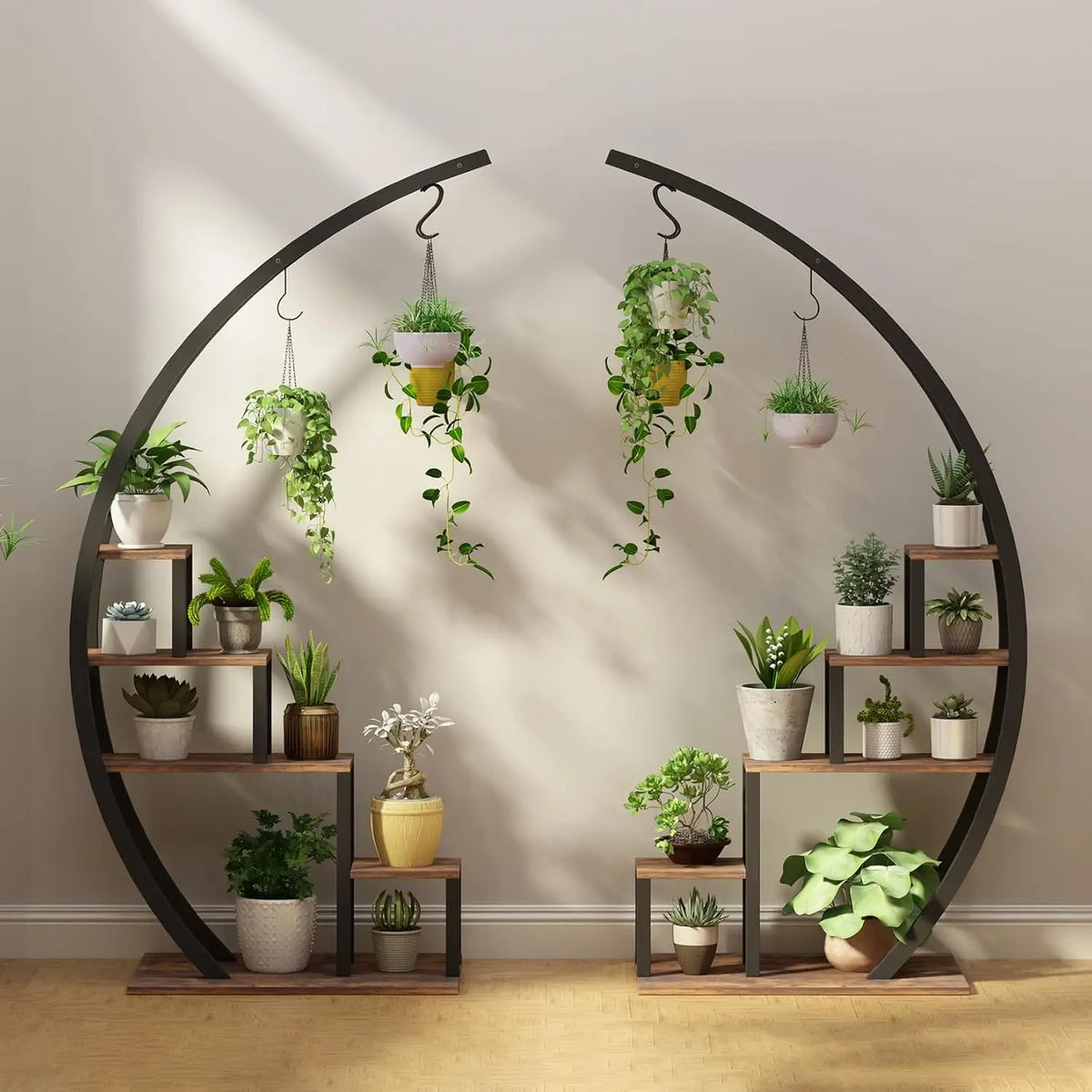 2-Pack 5-Tier Metal Plant Stand, 56-Inch Half-Moon Garden Shelf with 3 Hooks for Indoor and Outdoor Display - product view 2