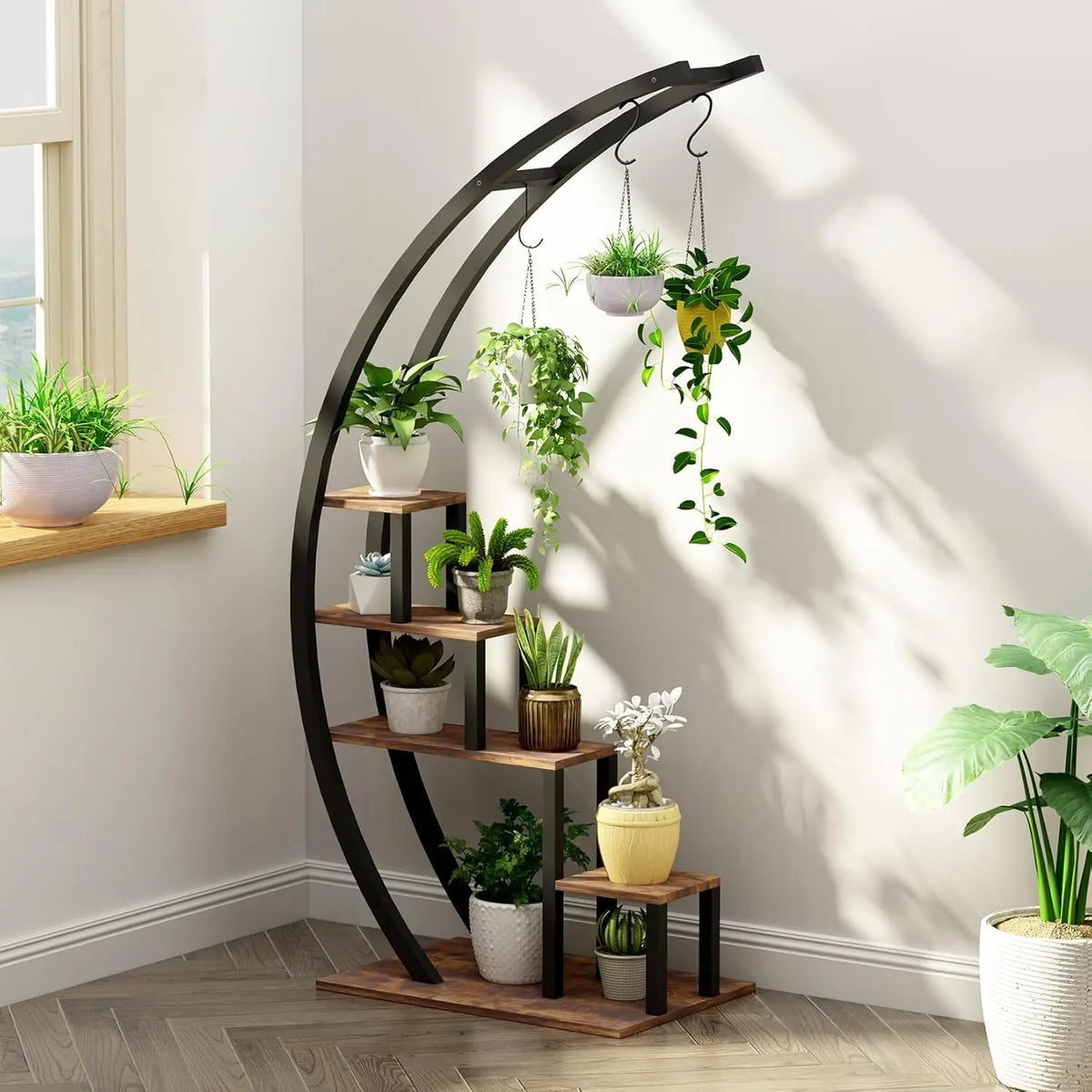 2-Pack 5-Tier Metal Plant Stand, 56-Inch Half-Moon Garden Shelf with 3 Hooks for Indoor and Outdoor Display - product view 3