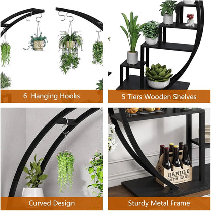 2-Pack 5-Tier Metal Plant Stand, 56-Inch Half-Moon Garden Shelf with 3 Hooks for Indoor and Outdoor Display - product view 4