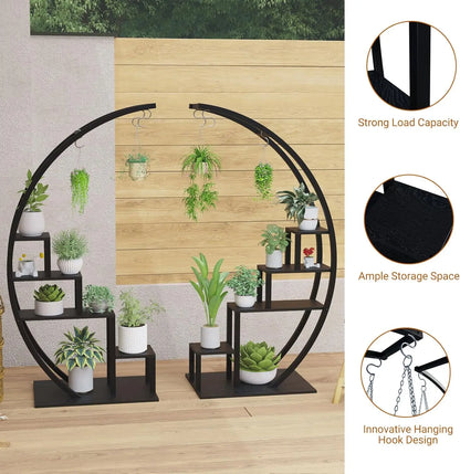 2-Pack 5-Tier Metal Plant Stand, 56-Inch Half-Moon Garden Shelf with 3 Hooks for Indoor and Outdoor Display - product view 5