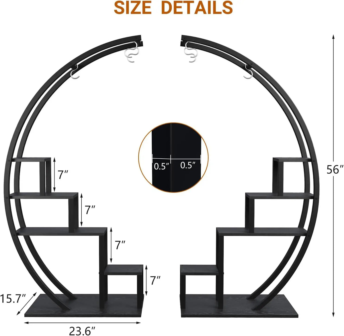 2-Pack 5-Tier Metal Plant Stand, 56-Inch Half-Moon Garden Shelf with 3 Hooks for Indoor and Outdoor Display - product view 6