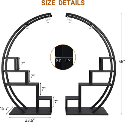 2-Pack 5-Tier Metal Plant Stand, 56-Inch Half-Moon Garden Shelf with 3 Hooks for Indoor and Outdoor Display - product view 6