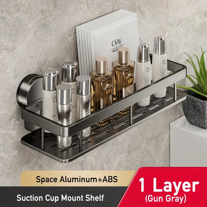 Adhesive Shower Caddy, No-Drill Suction Cup Wall Shelf, Space Aluminum and ABS, 1- or 2-Layer Bathroom Storage - product view 2