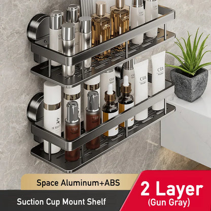 Adhesive Shower Caddy, No-Drill Suction Cup Wall Shelf, Space Aluminum and ABS, 1- or 2-Layer Bathroom Storage - product view 3