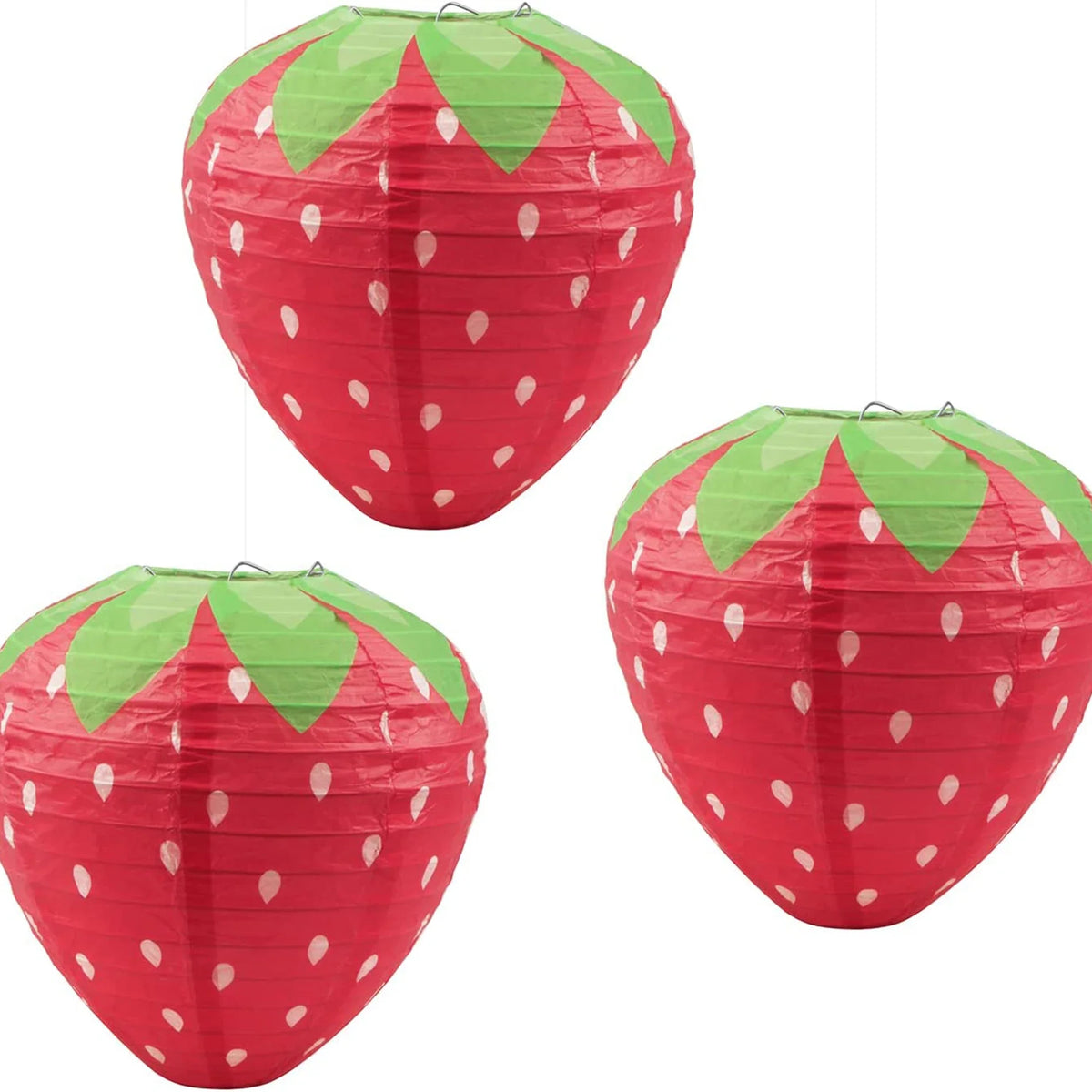 Strawberry Paper Lantern Decorations, 3-Piece 8-Inch Set, Red or Pink Fruit-Theme Birthday Party Ornament Decor - product view 1