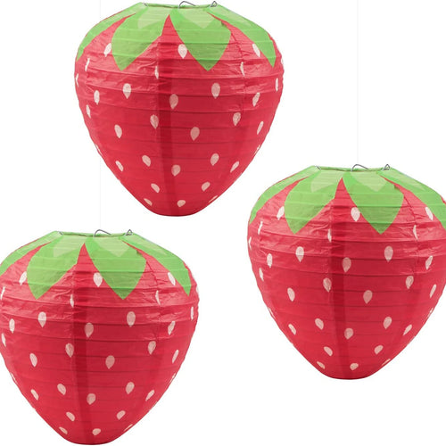 Strawberry Paper Lantern Decorations, 3-Piece 8-Inch Set, Red or Pink Fruit-Theme Birthday Party Ornament Decor - product view 1