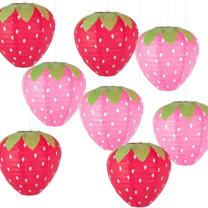 Strawberry Paper Lantern Decorations, 3-Piece 8-Inch Set, Red or Pink Fruit-Theme Birthday Party Ornament Decor - product view 4