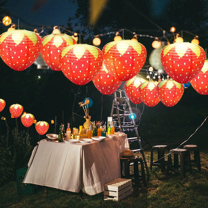 Strawberry Paper Lantern Decorations, 3-Piece 8-Inch Set, Red or Pink Fruit-Theme Birthday Party Ornament Decor - product view 5
