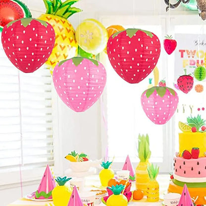 Strawberry Paper Lantern Decorations, 3-Piece 8-Inch Set, Red or Pink Fruit-Theme Birthday Party Ornament Decor - product view 6