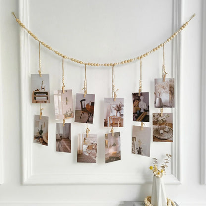 Wood Bead Garland Photo Display, Hanging Wall Banner with 12 or 22 Clips, Pastoral Décor for Bedroom, Dorm, Office and Parties - product view 2