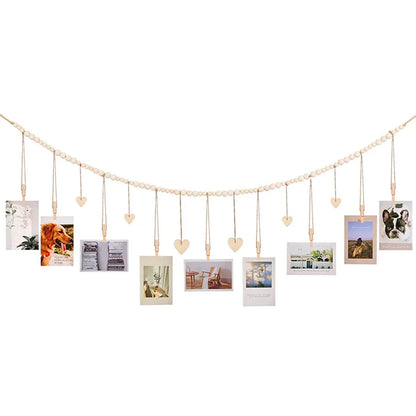 Wood Bead Garland Photo Display, Hanging Wall Banner with 12 or 22 Clips, Pastoral Décor for Bedroom, Dorm, Office and Parties - product view 3