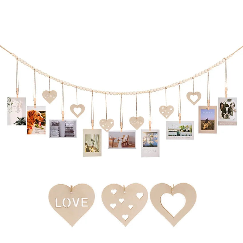 Wood Bead Garland Photo Display, Hanging Wall Banner with 12 or 22 Clips, Pastoral Décor for Bedroom, Dorm, Office and Parties - product view 4