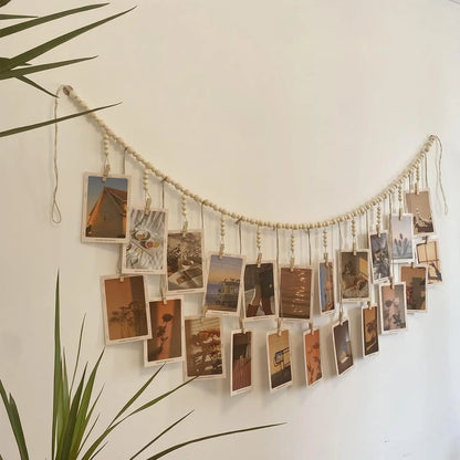 Wood Bead Garland Photo Display, Hanging Wall Banner with 12 or 22 Clips, Pastoral Décor for Bedroom, Dorm, Office and Parties - product view 6