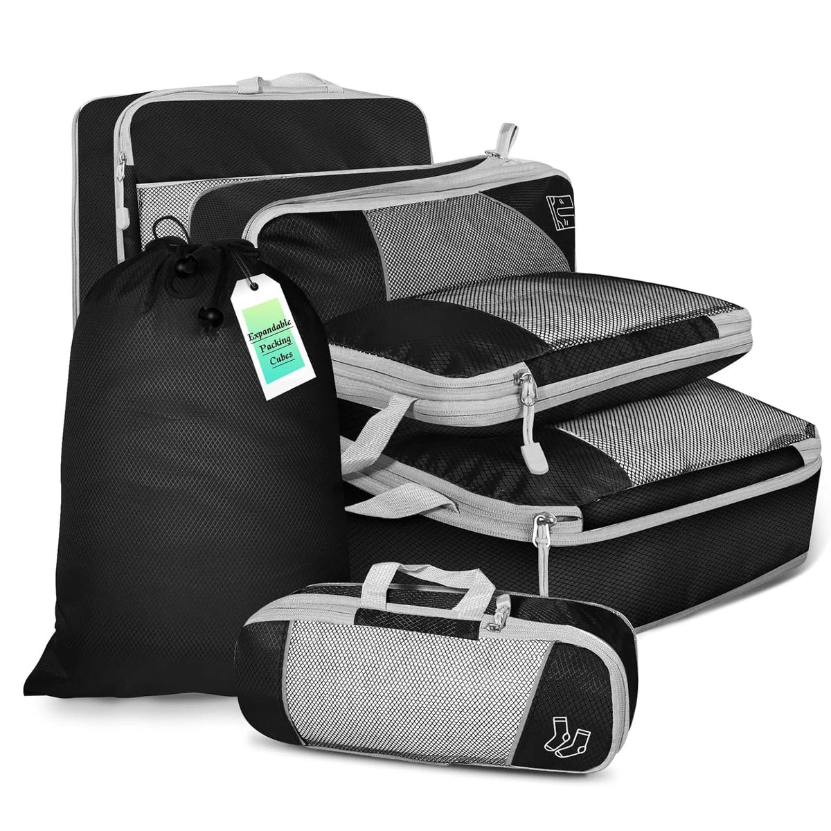 6-Piece Compression Packing Cubes Set, Lightweight Polyester Travel Organizers with Mesh Panels, Six Sizes and Drawstring Pocket - product view 2