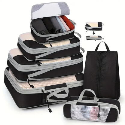 6-Piece Compression Packing Cubes Set, Lightweight Polyester Travel Organizers with Mesh Panels, Six Sizes and Drawstring Pocket - product view 3