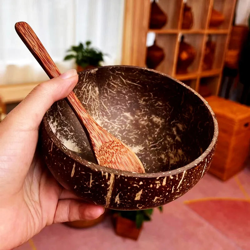 Natural Coconut Shell Decorative Bowl, Solid Reusable Tableware for Fruit, Salad, Rice and Snacks, Bowl or Spoon Set Options - product view 4