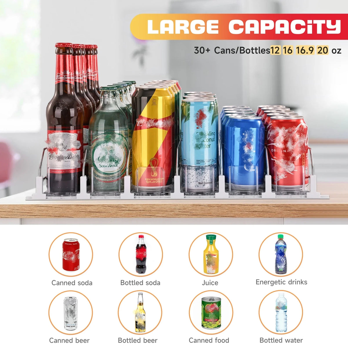 Refrigerator Can Organizer, Automatic Pusher, 6-Row Soda Dispenser Holding up to 30 Cans, Reusable XXL Beverage Rack - product view 3