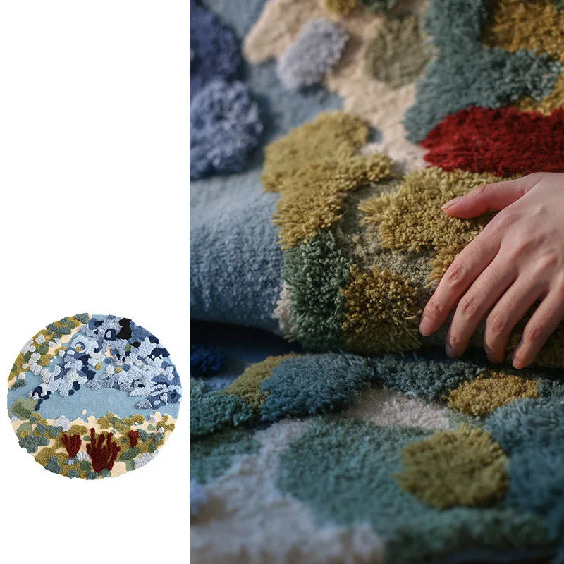Round Handmade Wool Rug, Floral Ocean Pattern, 1.5 cm Thick, PVC Non-Slip Backing, 100–200 cm Sizes - product view 1