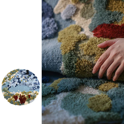 Round Handmade Wool Rug, Floral Ocean Pattern, 1.5 cm Thick, PVC Non-Slip Backing, 100–200 cm Sizes - product view 1