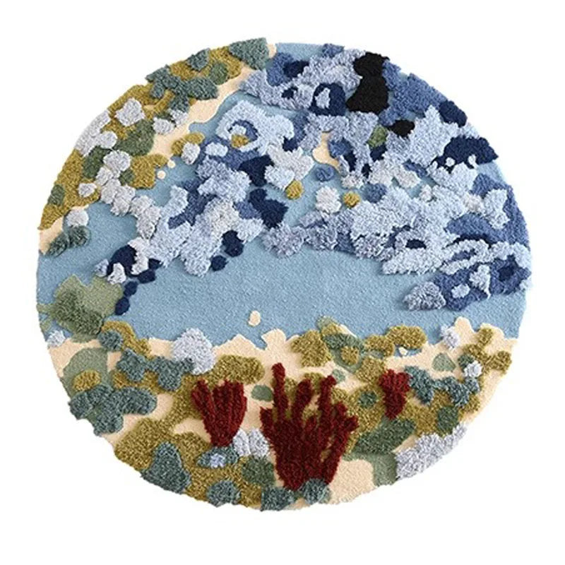 Round Handmade Wool Rug, Floral Ocean Pattern, 1.5 cm Thick, PVC Non-Slip Backing, 100–200 cm Sizes - product view 2