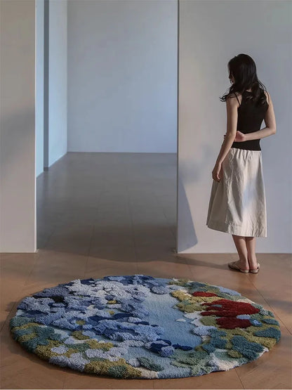 Round Handmade Wool Rug, Floral Ocean Pattern, 1.5 cm Thick, PVC Non-Slip Backing, 100–200 cm Sizes - product view 4