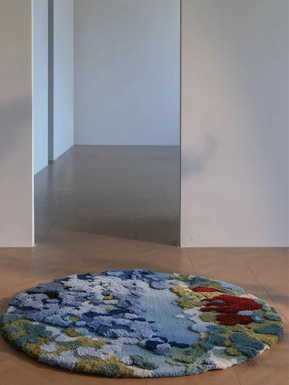 Round Handmade Wool Rug, Floral Ocean Pattern, 1.5 cm Thick, PVC Non-Slip Backing, 100–200 cm Sizes - product view 5