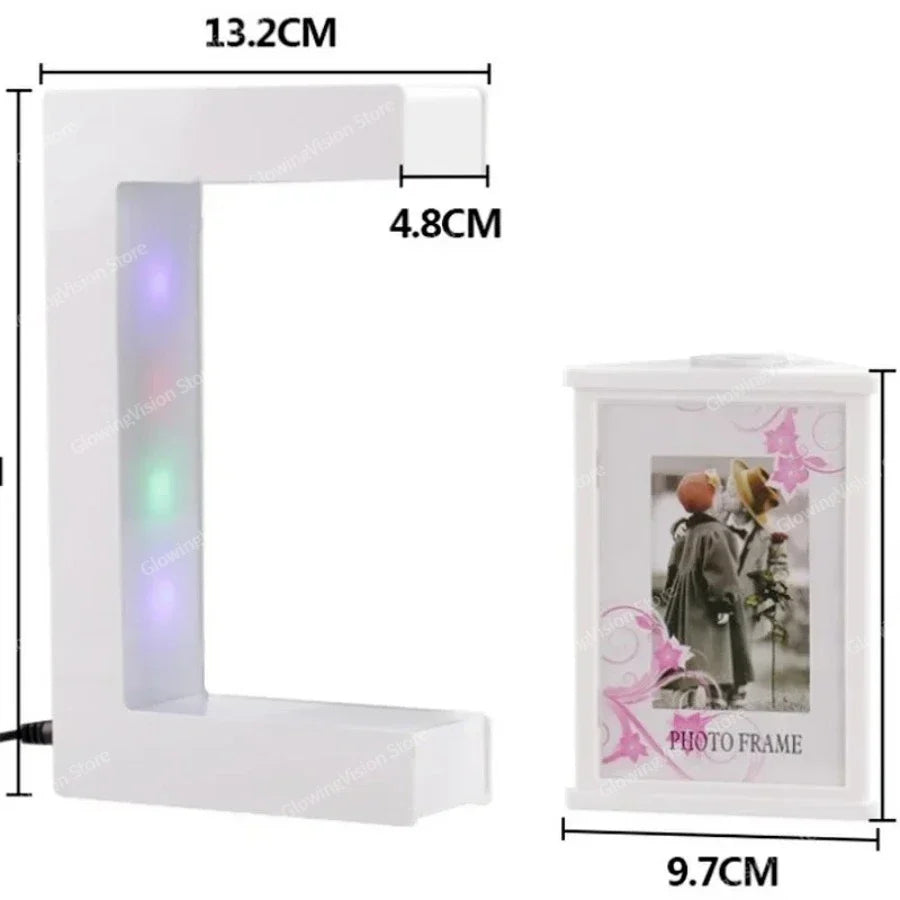 Magnetic Levitation Floating Photo Frame, White Modern Display Stand with Colorful LED Lighting and Regional Adapter Options - product view 1