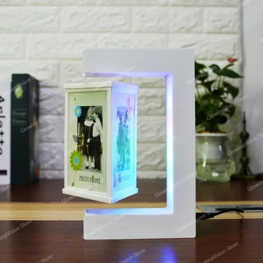 Magnetic Levitation Floating Photo Frame, White Modern Display Stand with Colorful LED Lighting and Regional Adapter Options - product view 5