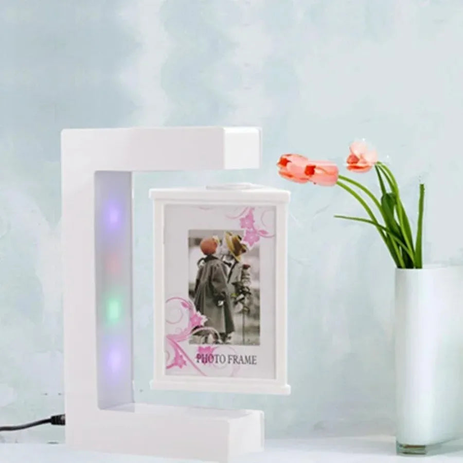 Magnetic Levitation Floating Photo Frame, White Modern Display Stand with Colorful LED Lighting and Regional Adapter Options - product view 6