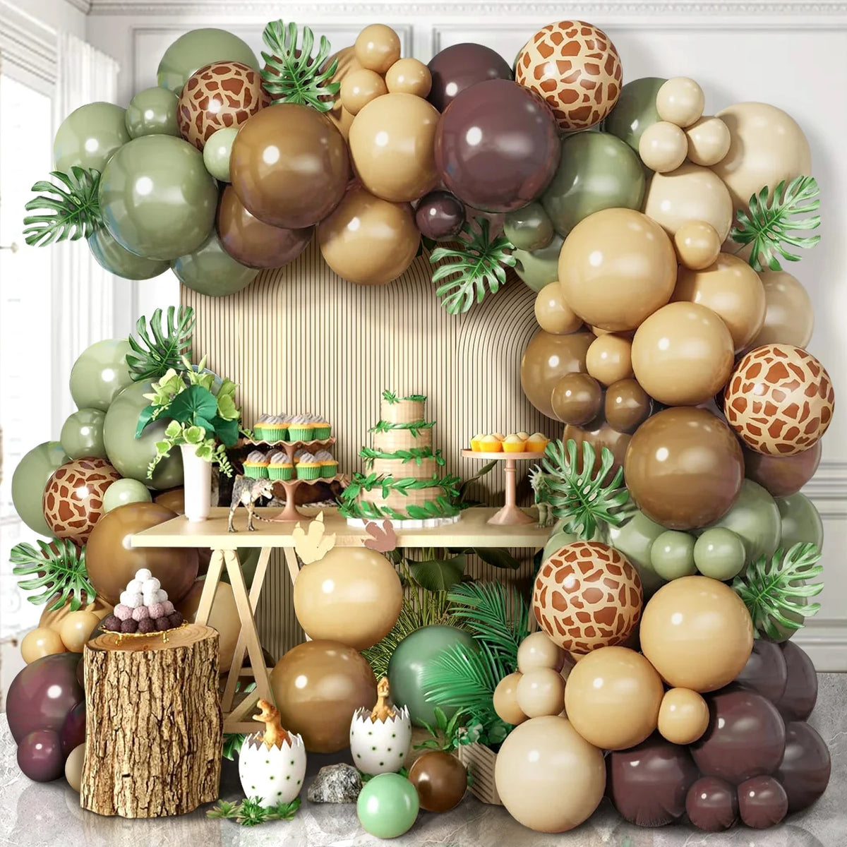 129-Piece Sage Green and Brown Balloon Garland Set, Round Latex Balloons with Deer Print and Artificial Leaves - product view 1