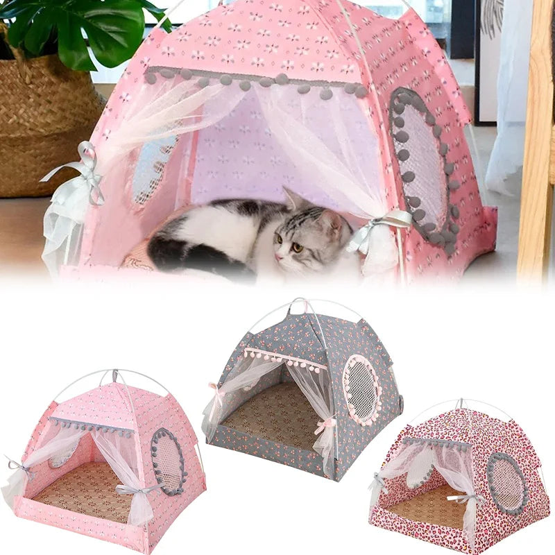 Foldable Cat Tent Bed, Flower-Pattern Fiber Pet House with Removable Design in Three Sizes for Cozy Resting - product view 4