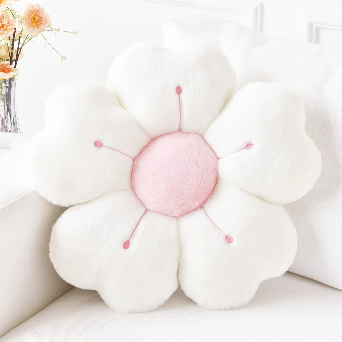 Plush Daisy Flower Decorative Pillow, Cotton-Filled Polyester and Cotton Cushion in Pink or White, 32cm or 50cm - product view 6