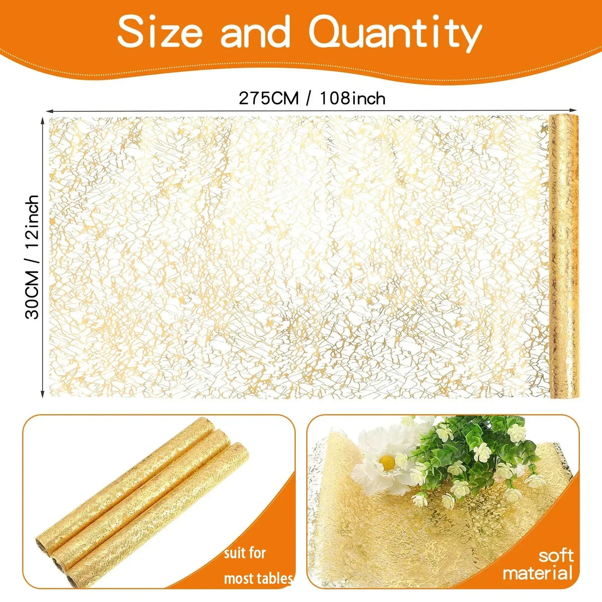 Metallic Holiday Table Runner, 100% Polyester, Gold-Textured Finish, 28 cm Width, 275 cm or 500 cm Length - product view 4
