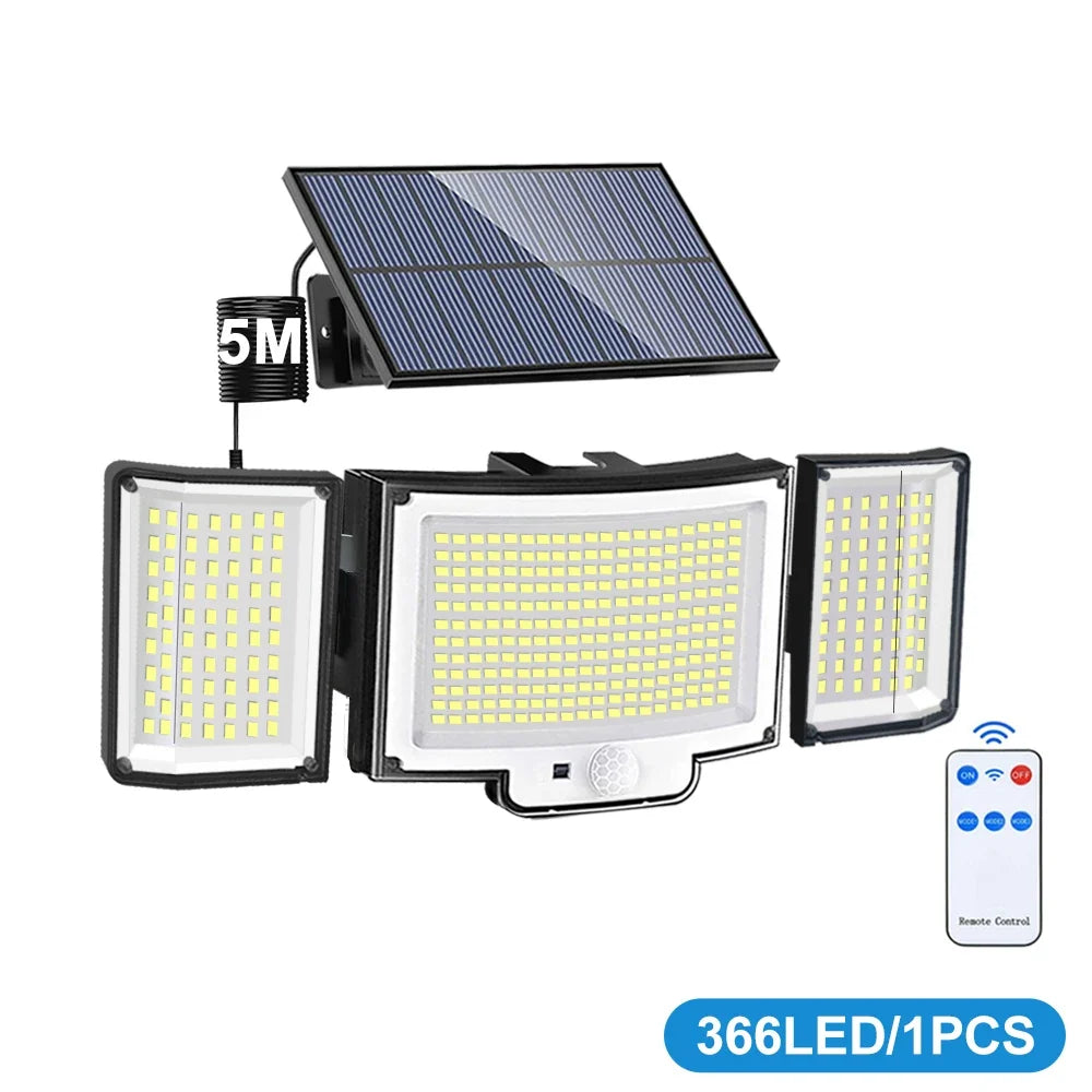 Solar Outdoor Security Light, PIR Motion Sensor, 3 Lighting Modes, IP65 Waterproof ABS LED Wall Light, 234–366 LED Options - product view 2