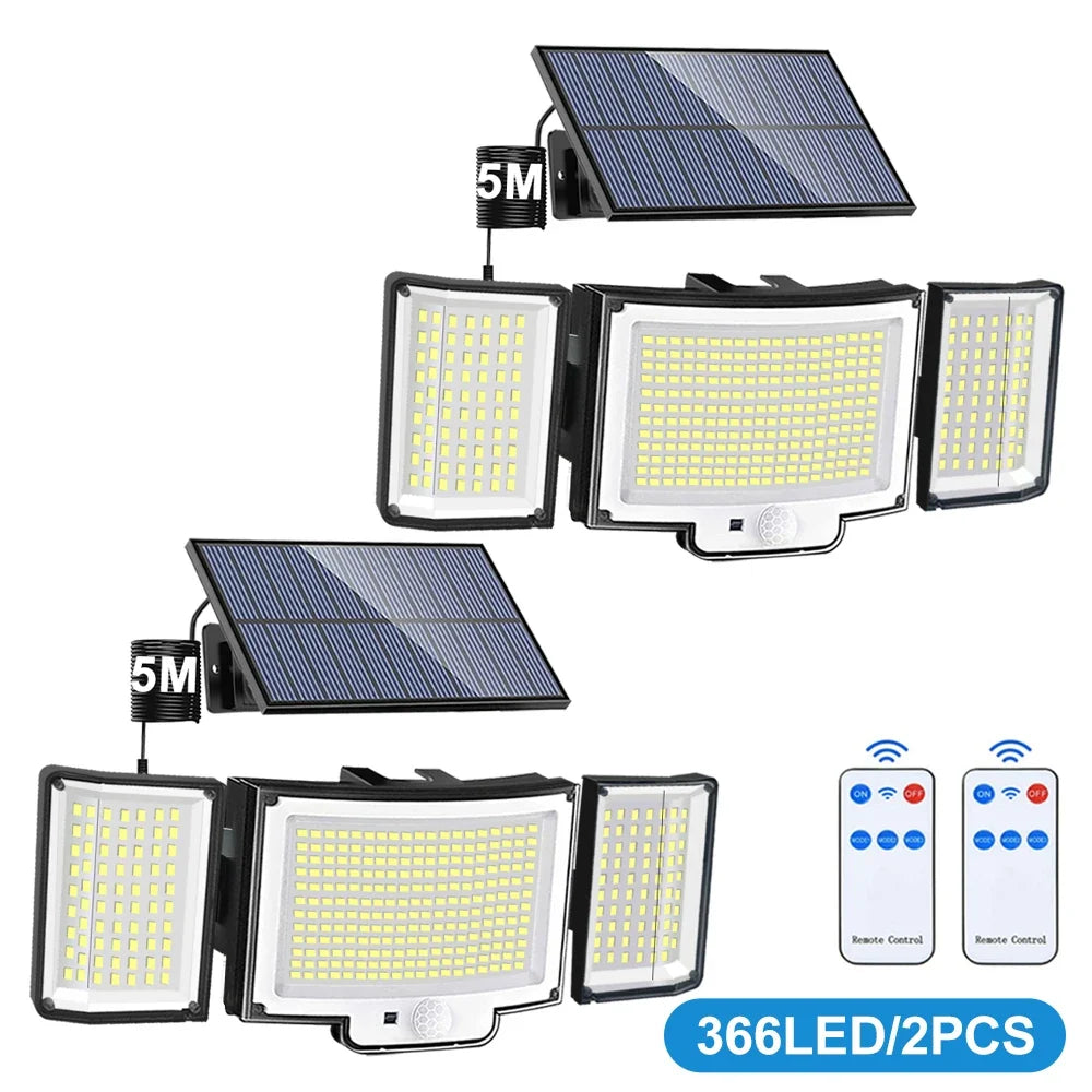 Solar Outdoor Security Light, PIR Motion Sensor, 3 Lighting Modes, IP65 Waterproof ABS LED Wall Light, 234–366 LED Options - product view 3