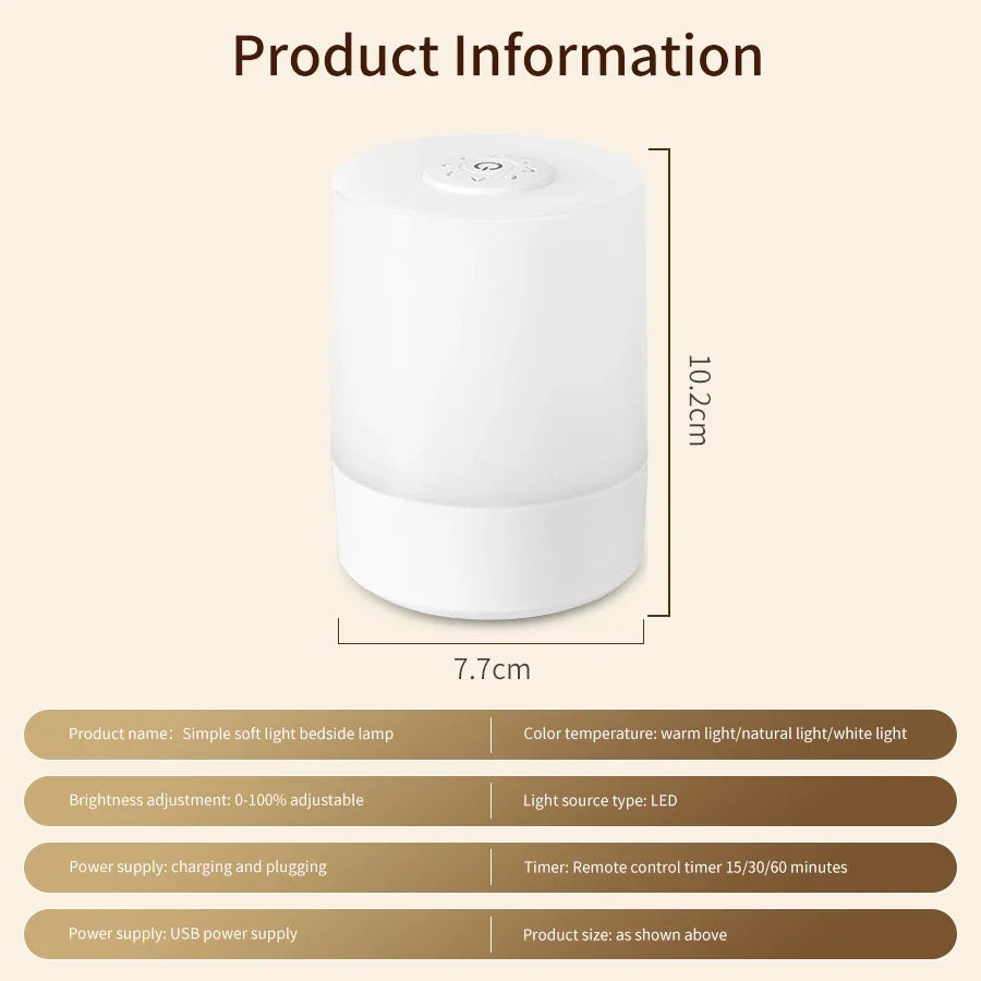 Rechargeable LED Bedside Lamp, Touch Dimming, Round ABS Design, Remote or Non-Remote Option, 5V Night Light for Bedroom - product view 1