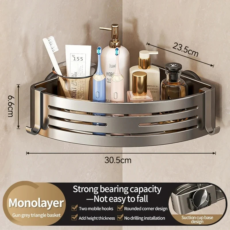 Corner Shower Shelf, Perforation-Free Suction Cup Bathroom Storage Basket, Space-Saving Wall Organizer in Four Gray Styles - product view 1